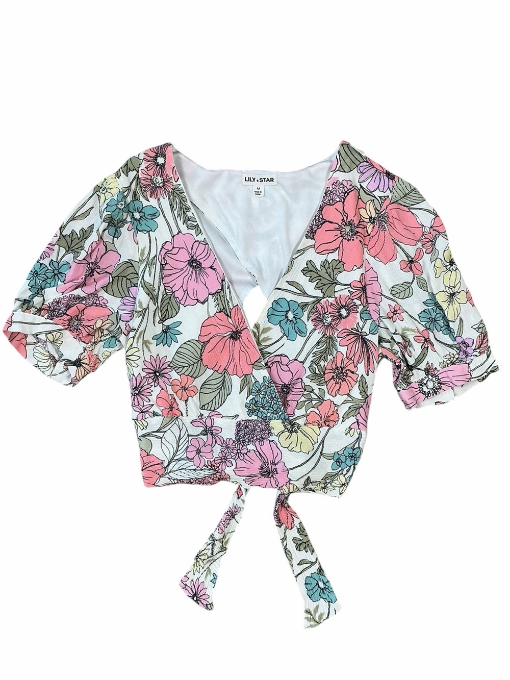Lily Star Floral Tie Back Crop Top Size Medium Boho Cottagecore Blouse